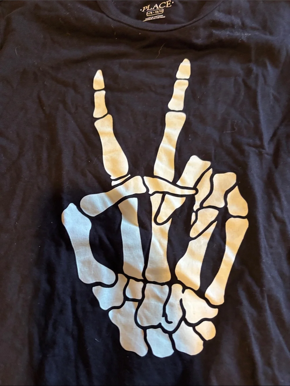 The Children's Place Black Tee with White Skeleton Peace Hand Graphic